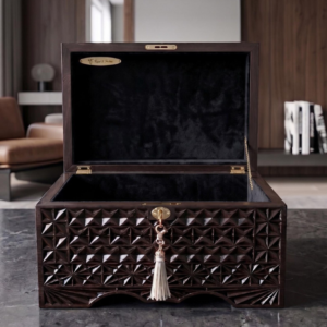 Luxury wooden storage chest with pink interior for discreet playroom accessory storage