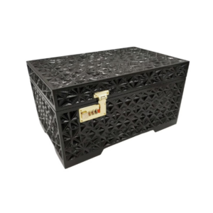 Luxury wooden storage chest with pink interior for discreet playroom accessory storage