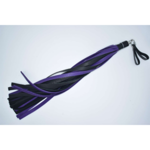 Purple and black leather flogger whip with wrist strap for BDSM playroom accessories