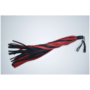 Red and black leather flogger whip with wrist strap for BDSM playroom accessory
